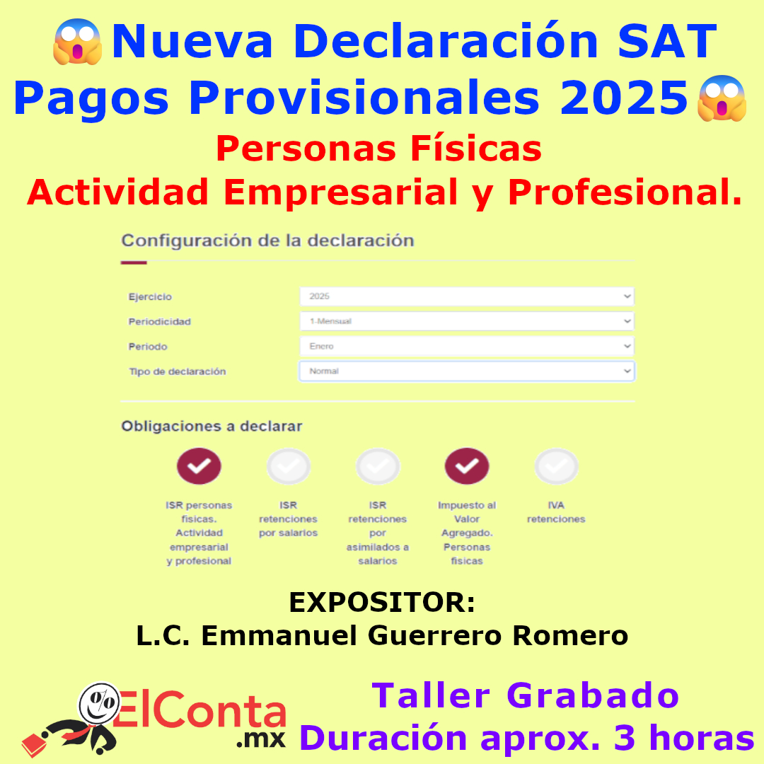 Taller Práctico Declaración Pagos Provisionales 2025 para Personas Físicas Actividad Empresarial y Profesional - Curso GRABADO.